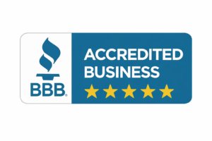BBB Accredited Business 5 star badge with blue and white design and gold stars