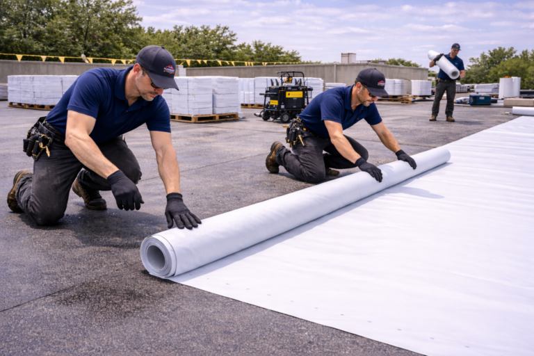 Commercial roof replacement in Texas on a flat commercial building with professional roofing crew installing new roofing system