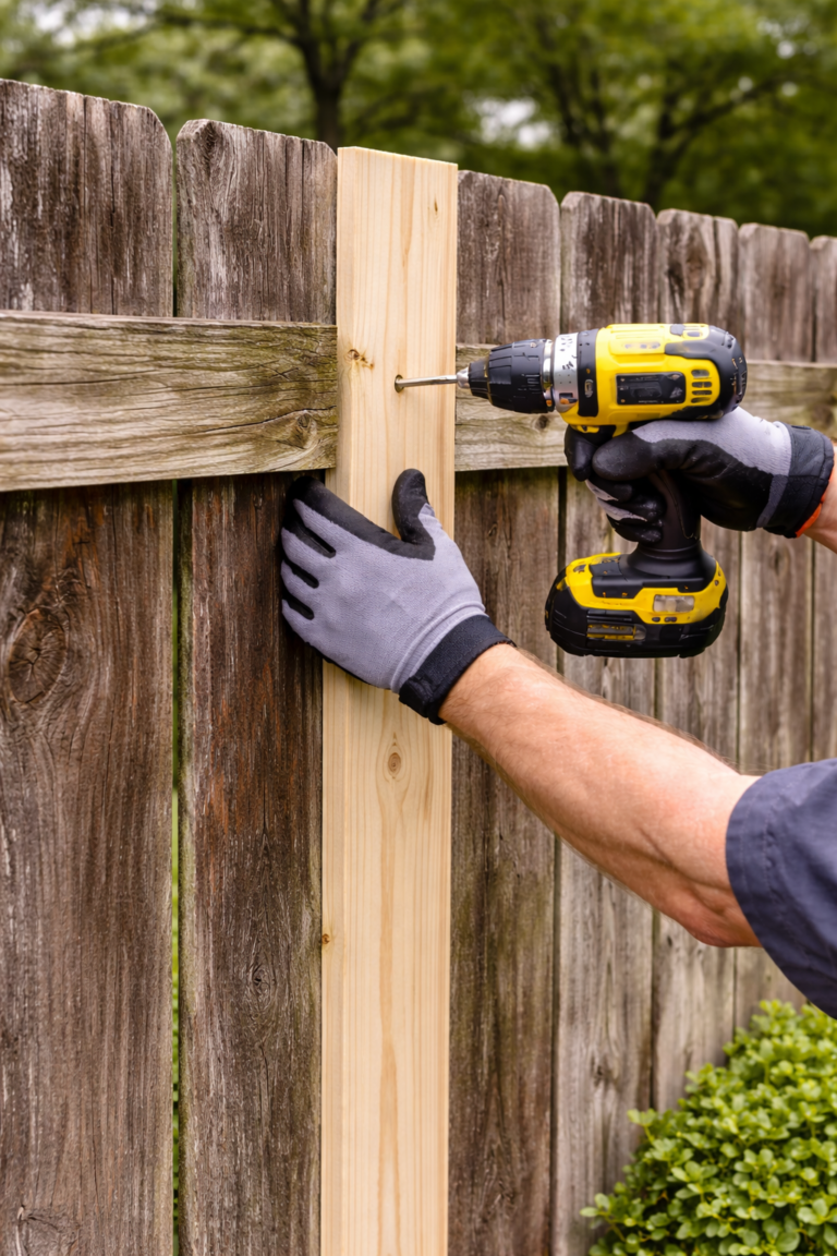 Fence repair on a residential property showing a professional restoring damaged fence panels and posts after weather exposure