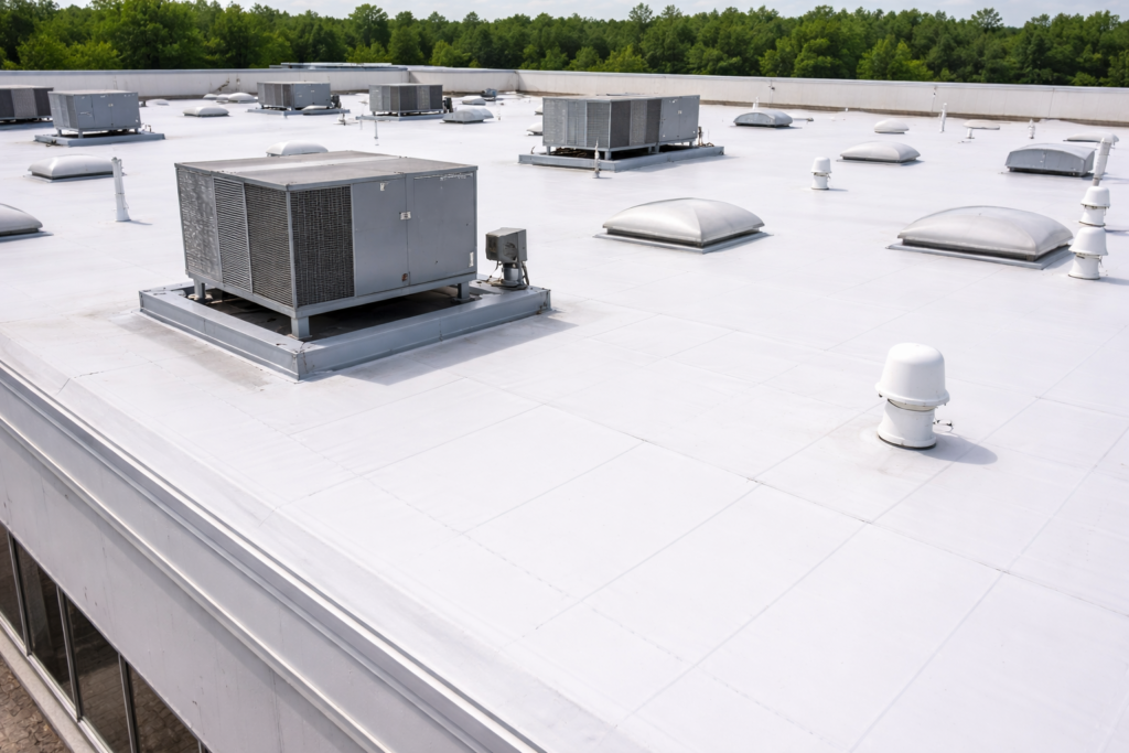 Flat and low slope commercial roofing system on a Texas commercial building