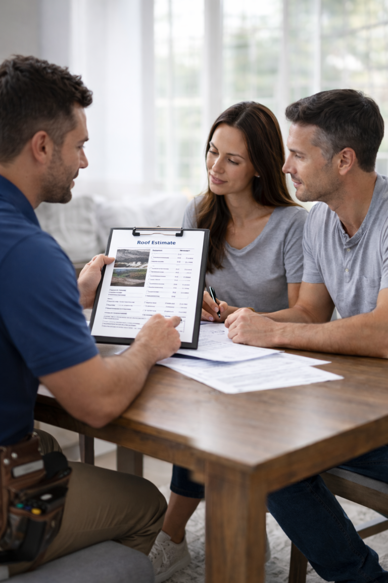Free roof estimate consultation with a Texas homeowner reviewing roofing options and pricing