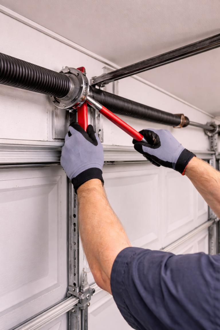 Garage door repair in Texas home with damaged garage door panel being professionally repaired