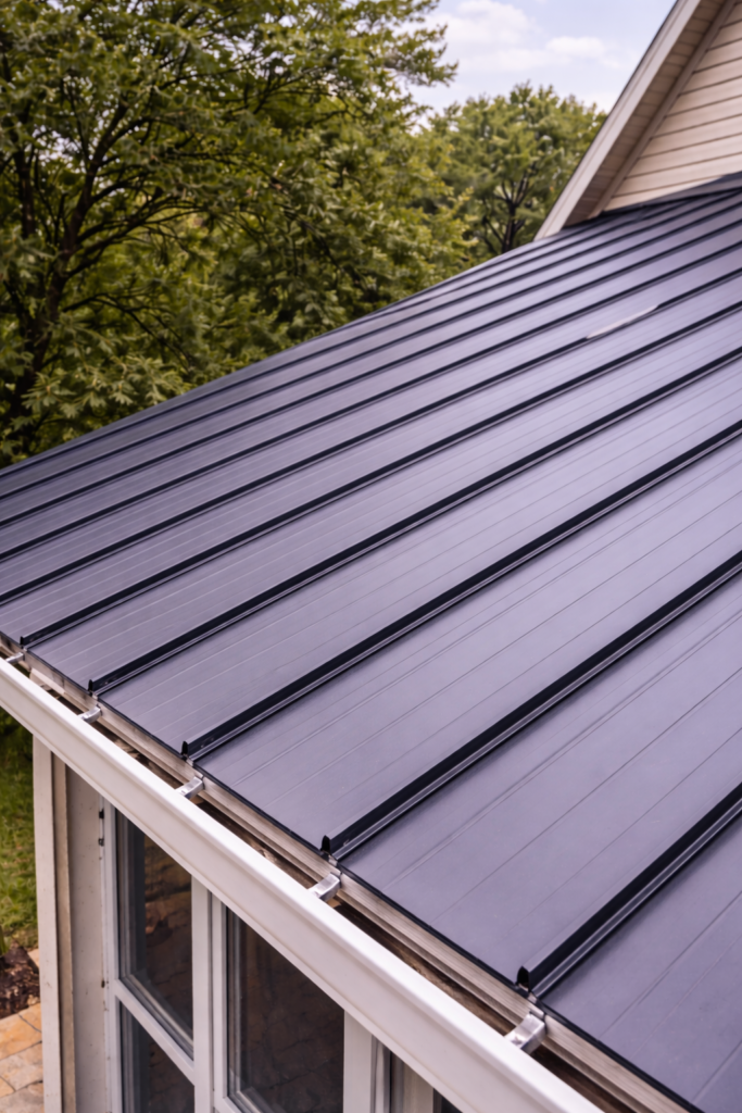 Residential metal roof installed on a Texas home showing standing seam metal panels with clean lines and modern finish