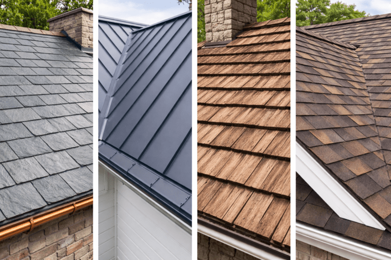 Premium roofing options including slate, tile, metal, and architectural shingles installed on a Texas home