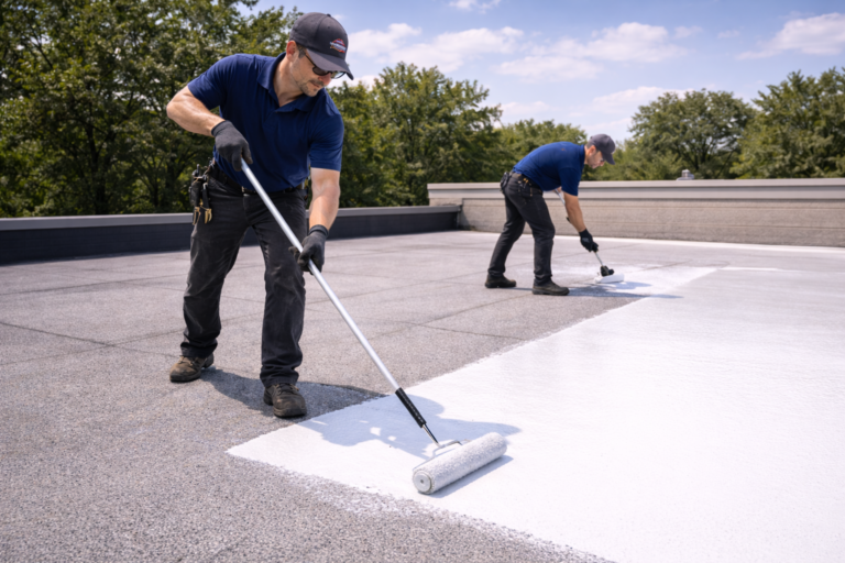 Roof coating application by professional roofers applying a seamless protective coating on a roof surface