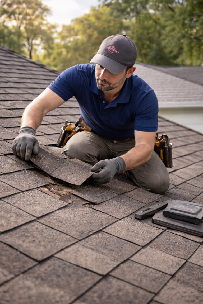 Professional roofer repairing asphalt shingle roof during routine maintenance in Texas