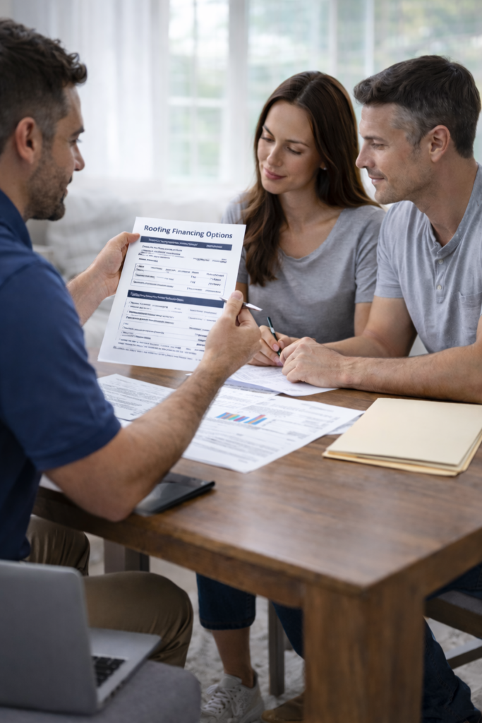 Roofing contractor discussing financial assistance options with homeowners at a table in a Texas home