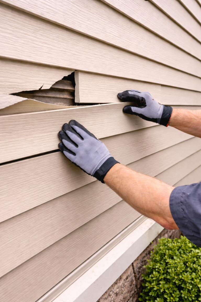 Damaged wall siding replacement on a residential home by professional contractors