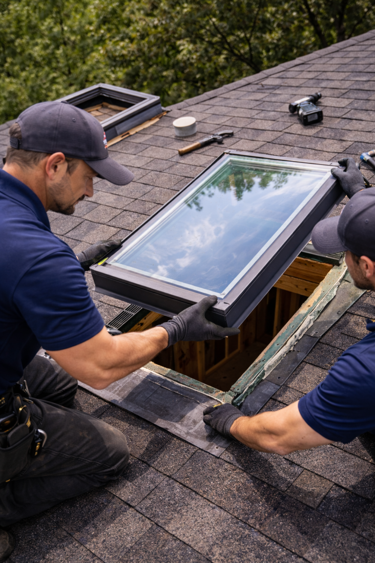 Skylight replacement being performed by professional roofers on a residential roof in Texas
