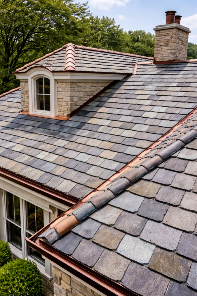 Slate roof installed on a residential home showing natural slate tiles and professional craftsmanship
