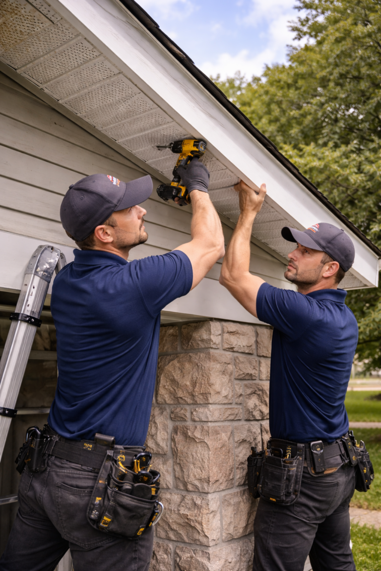 Professional soffit and fascia repair on a residential home exterior