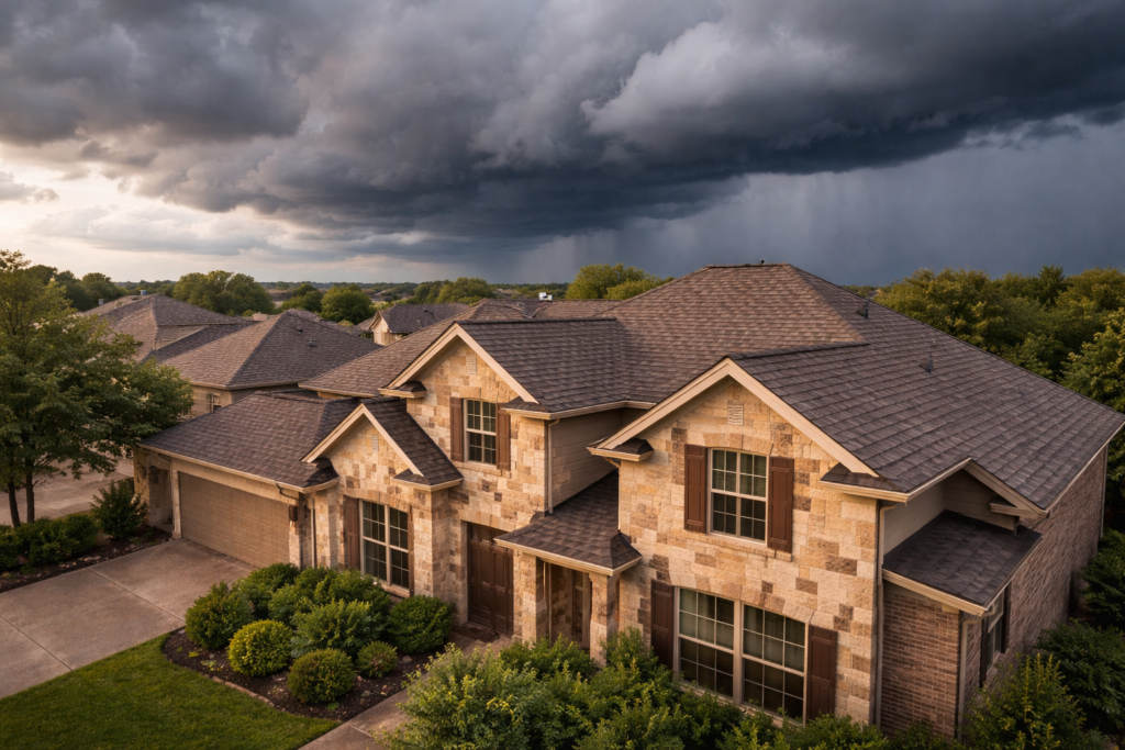 Texas home with durable roof under clearing post-storm skies symbolizing emergency prevention