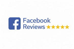 Facebook Reviews 5 star badge with official Facebook blue background and gold stars