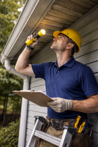 Homeowner inspecting a residential roof from the ground to document roof condition for insurance purposes