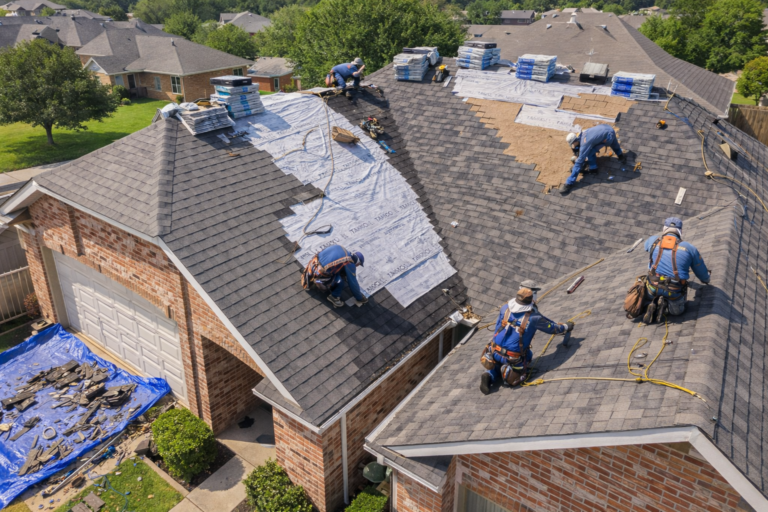 Roof replacement in Round Rock Texas with crew installing new asphalt shingles on residential home