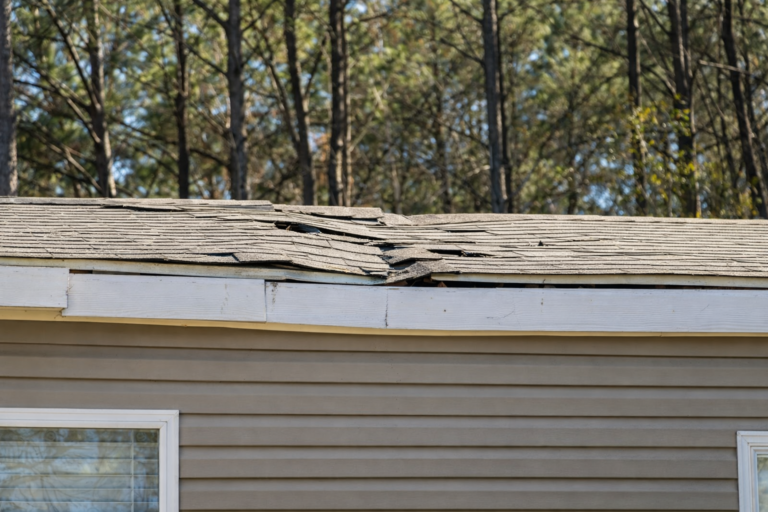 Storm damaged asphalt shingle roof with lifted and cracked shingles above white fascia board on residential home