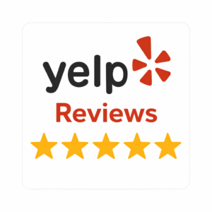 Yelp Reviews 5 star badge with Yelp logo and gold star rating