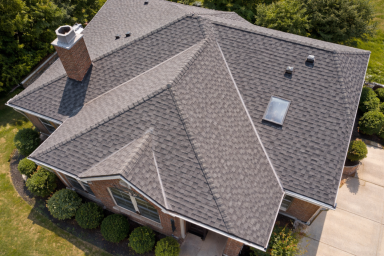 Aerial view of asphalt shingle roof replacement in Georgetown TX residential home