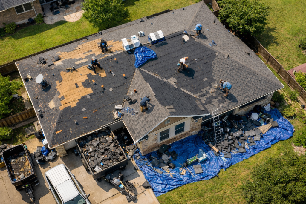 Aerial view of residential roof replacement in Leander Texas with workers installing new asphalt shingles and protective tarps around home
