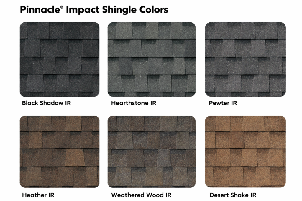 Atlas Pinnacle Impact shingle colors showing Black Shadow IR, Hearthstone IR, Pewter IR, Heather IR, Weathered Wood IR, and Desert Shake IR in a roof sample comparison