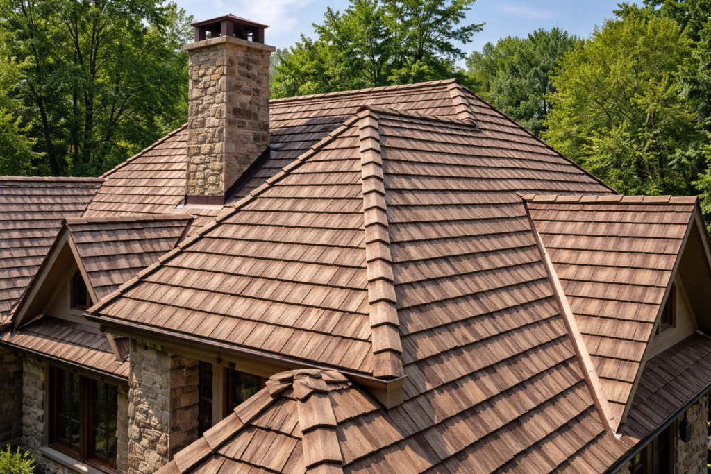 Close-up of a cedar wood shake roof with layered shingles on a residential home