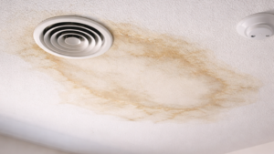 Ceiling with visible water stains and discoloration caused by a roof leak