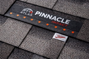 close-up view of asphalt roof shingles showing granule texture and layered pattern