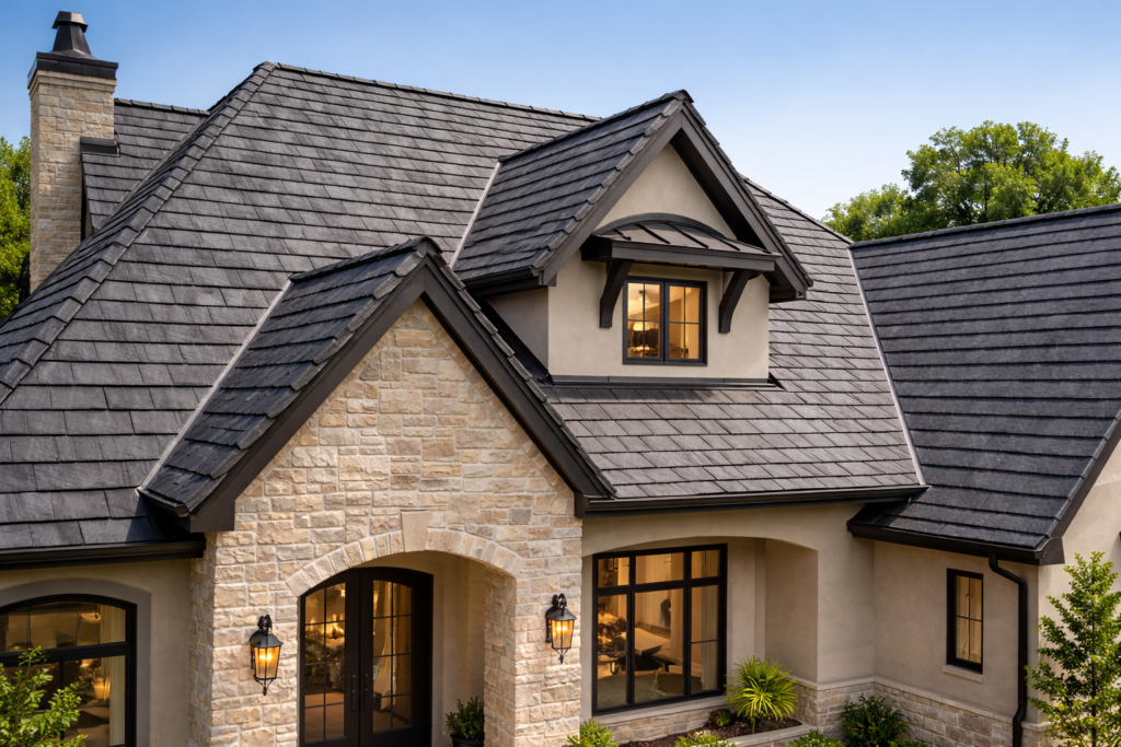 DaVinci synthetic slate roof installed on a residential home showing the textured polymer slate tiles