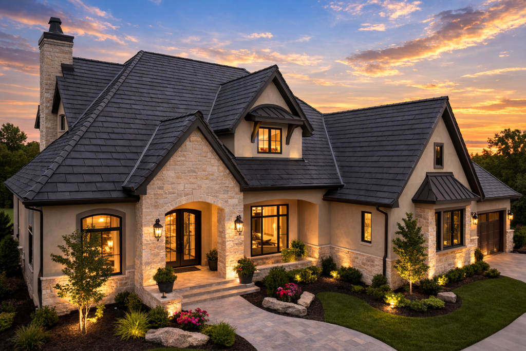 Luxury home featuring a dark gray DaVinci synthetic slate roof installed on a stone and stucco house