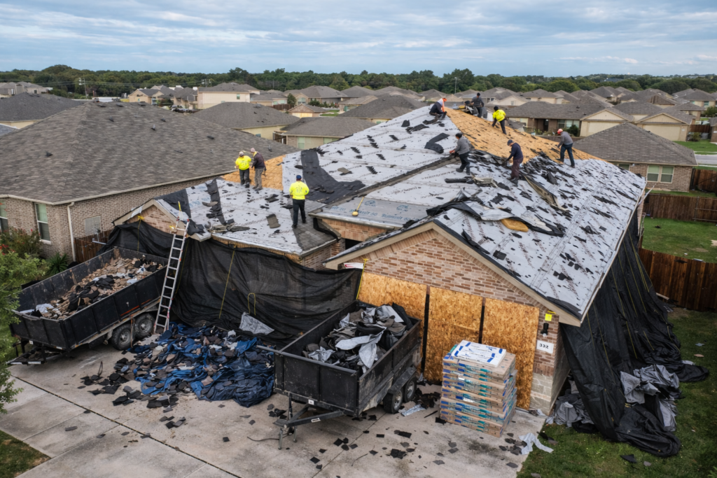 Emergency roof repair after storm damage with missing shingles and visible roof damage in Texas