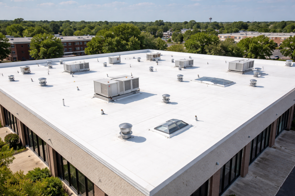 flat roof system with membrane surface on a commercial building under clear sky