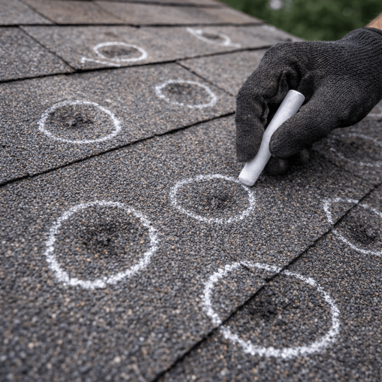 Roofer marking hail damage on asphalt shingles with chalk during a roof inspection in Texas