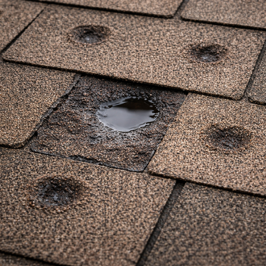close up of asphalt shingle roof with hail damage dents and water pooling causing roof leak
