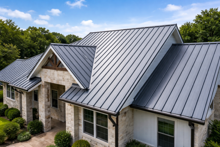 A standing seam metal roof on a residential home in Texas