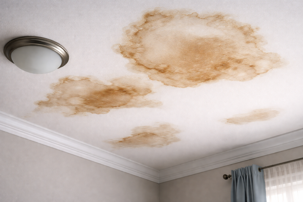 Interior room showing active roof leak with water dripping from damaged ceiling