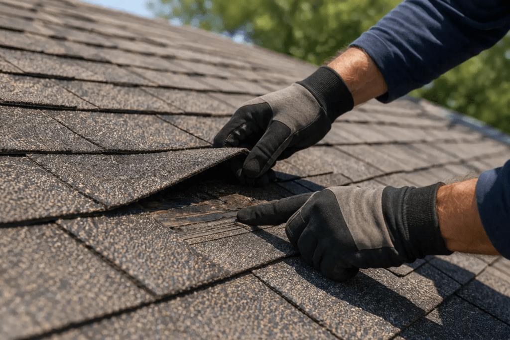 Gloved hands lifting asphalt shingle during roof inspection