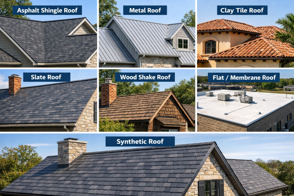 Collage showing seven roofing types: asphalt shingle, metal roof, clay tile, slate, wood shake, flat membrane roof, and synthetic DaVinci polymer roof