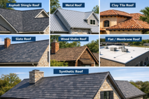 Collage showing seven roofing types: asphalt shingle, metal roof, clay tile, slate, wood shake, flat membrane roof, and synthetic DaVinci polymer roof