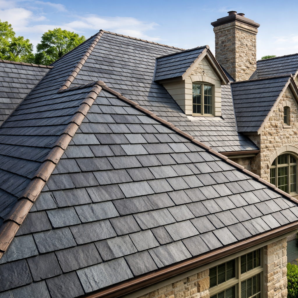 Natural slate roof installed on a residential stone house with dormer windows and chimney