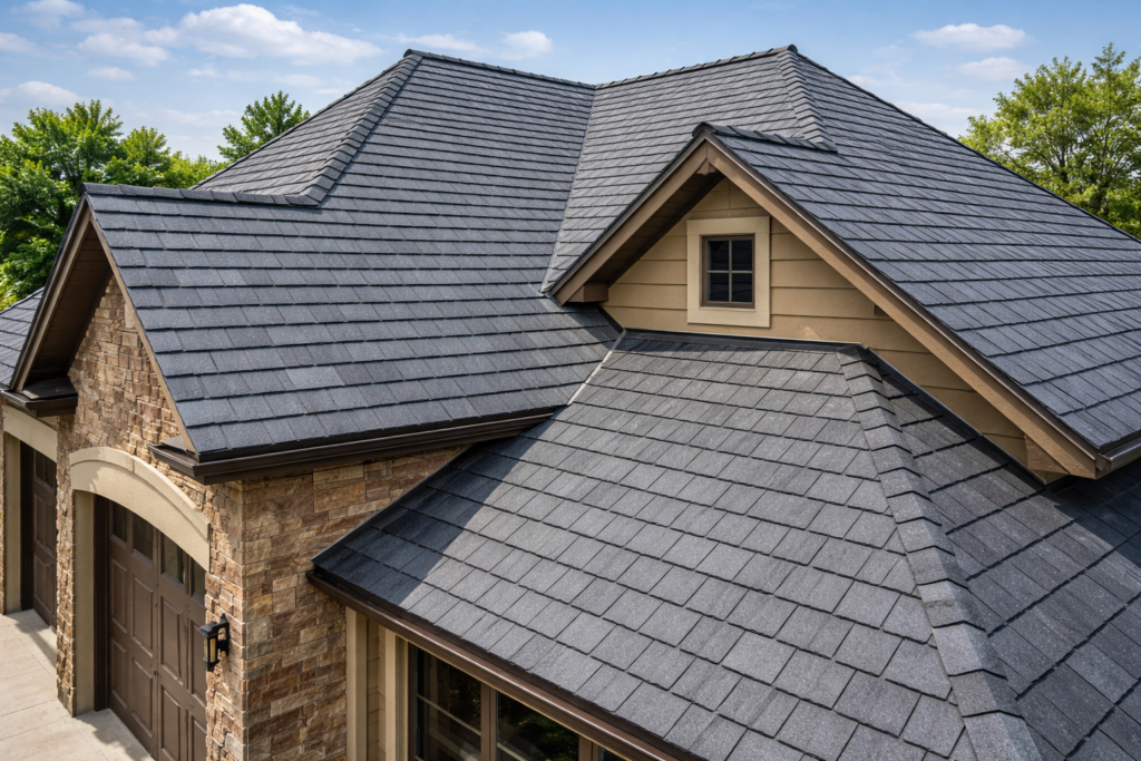 Synthetic roofing system installed on a modern residential home with durable composite shingles designed for Texas weather