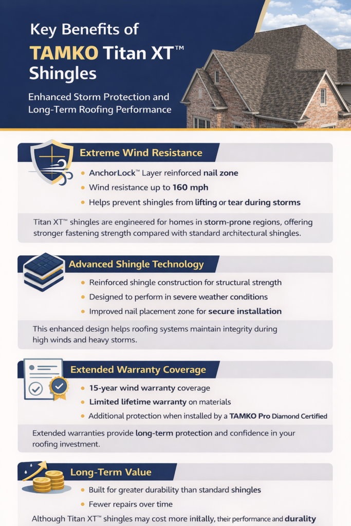 Infographic showing the key benefits of TAMKO Heritage architectural shingles including durability, wind resistance, weather protection, and curb appeal.
