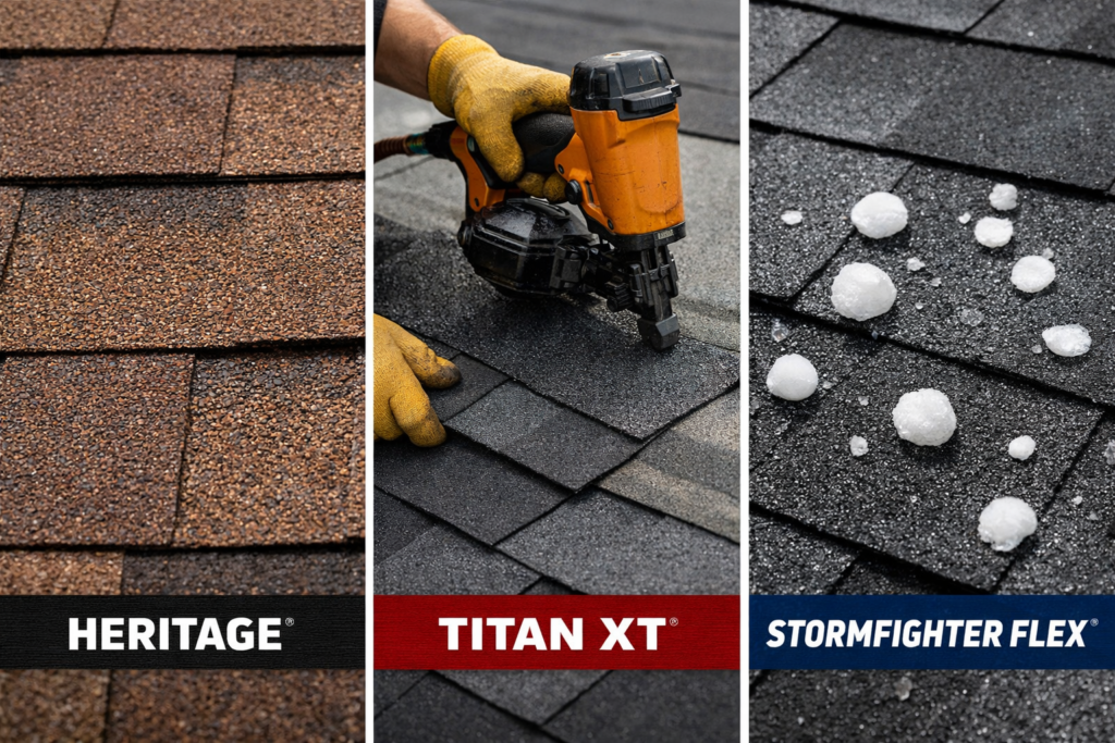 Three panel comparison showing TAMKO Heritage shingles, Titan XT shingles, and Stormfighter Flex shingles installed on residential roofs