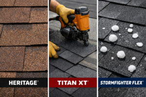 Three panel comparison showing TAMKO Heritage shingles, Titan XT shingles, and Stormfighter Flex shingles installed on residential roofs