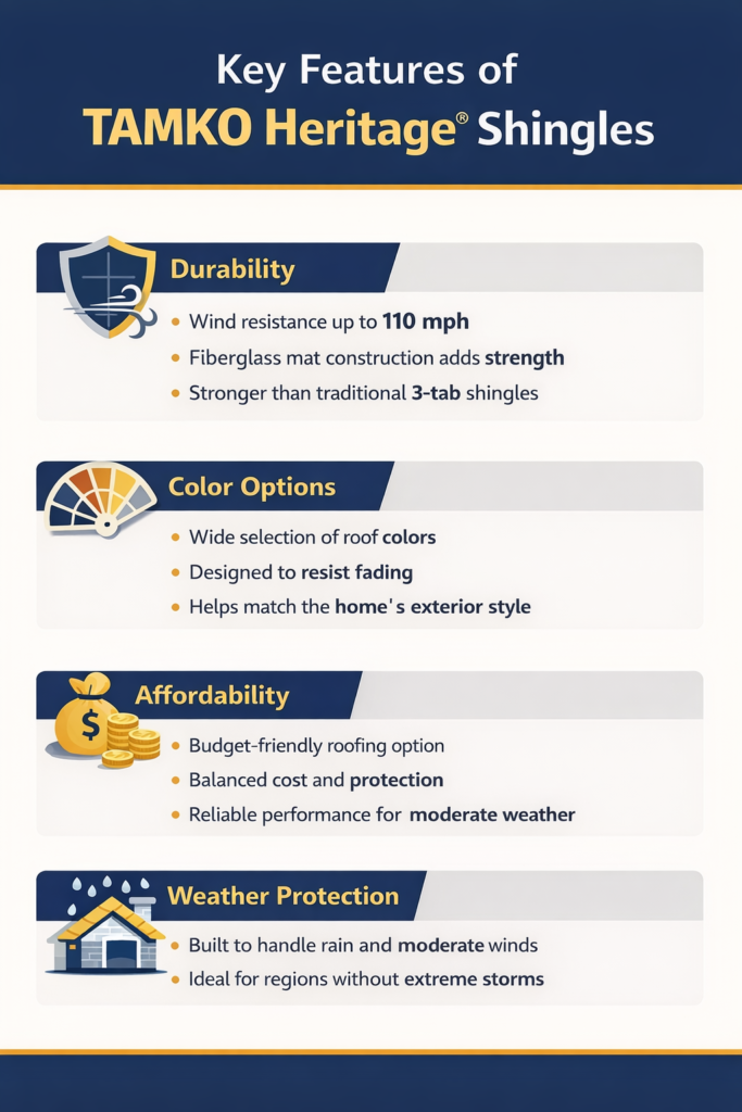 TAMKO shingles comparison infographic showing Heritage, Titan XT, and StormFighter Flex features and performance