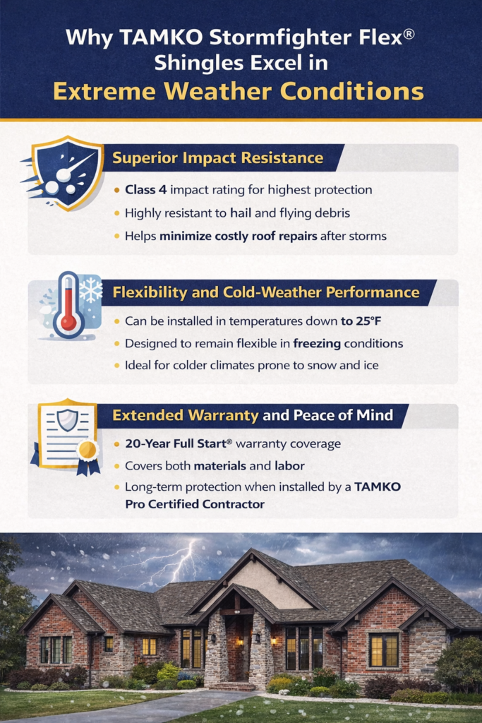 Infographic explaining TAMKO Stormfighter Flex shingles with Class 4 impact resistance, cold-weather flexibility, and extended roofing warranty protection.