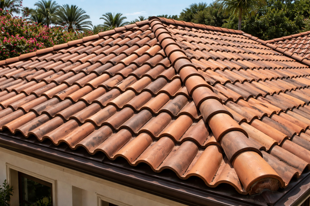 Close-up of a clay tile roof installed on a residential home in Texas, showing curved tiles and durable roofing design