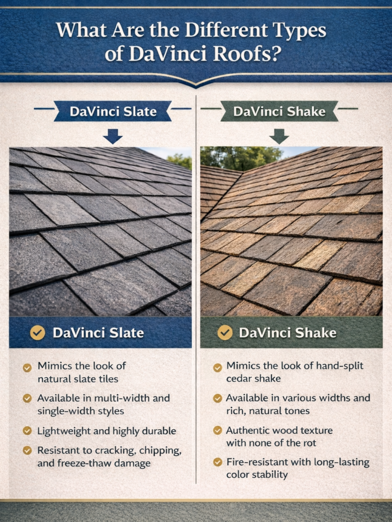 Infographic comparing DaVinci Slate and DaVinci Shake roofing styles showing design, durability, and appearance differences.