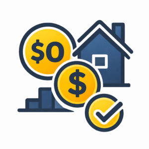 zero down roofing financing icon with $0 symbol house and approval check for no upfront cost in Texas