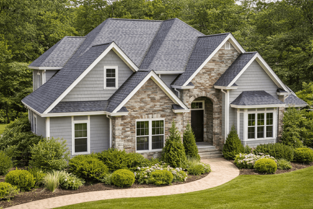 modern home with ATLAS Pinnacle shingles roof in landscape orientation showing architectural asphalt shingles