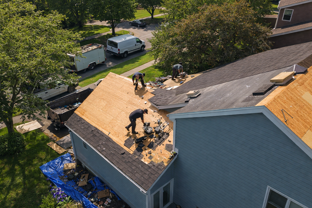 Aerial view of residential roof replacement with roofing crew installing new shingles on a Texas home